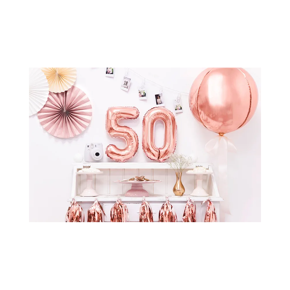 Foil balloon, metallic - PartyDeco - rose gold, number 0, 35 cm