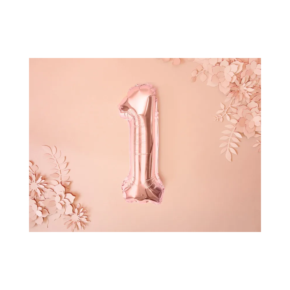 Foil balloon, metallic - PartyDeco - rose gold, number 1, 35 cm