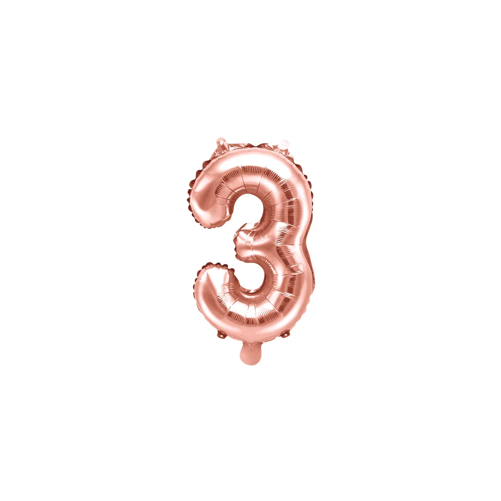 Balon foliowy cyfra 3 - PartyDeco - różowe złoto, 35 cm