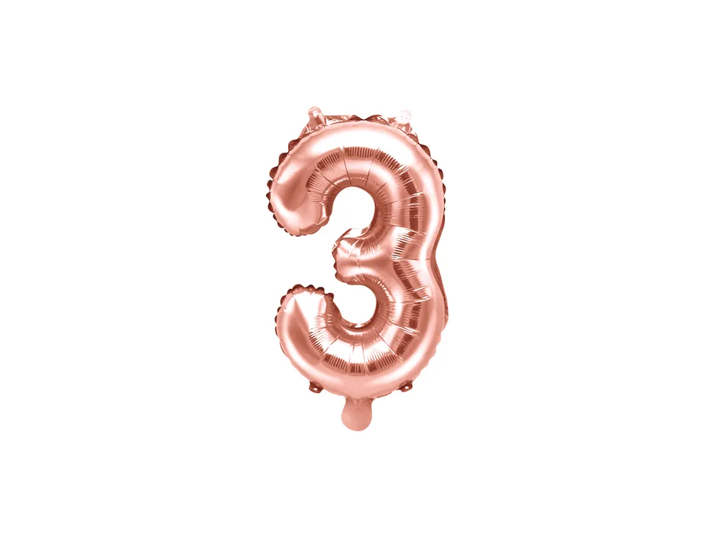 Foil balloon, metallic - PartyDeco - rose gold, number 3, 35 cm