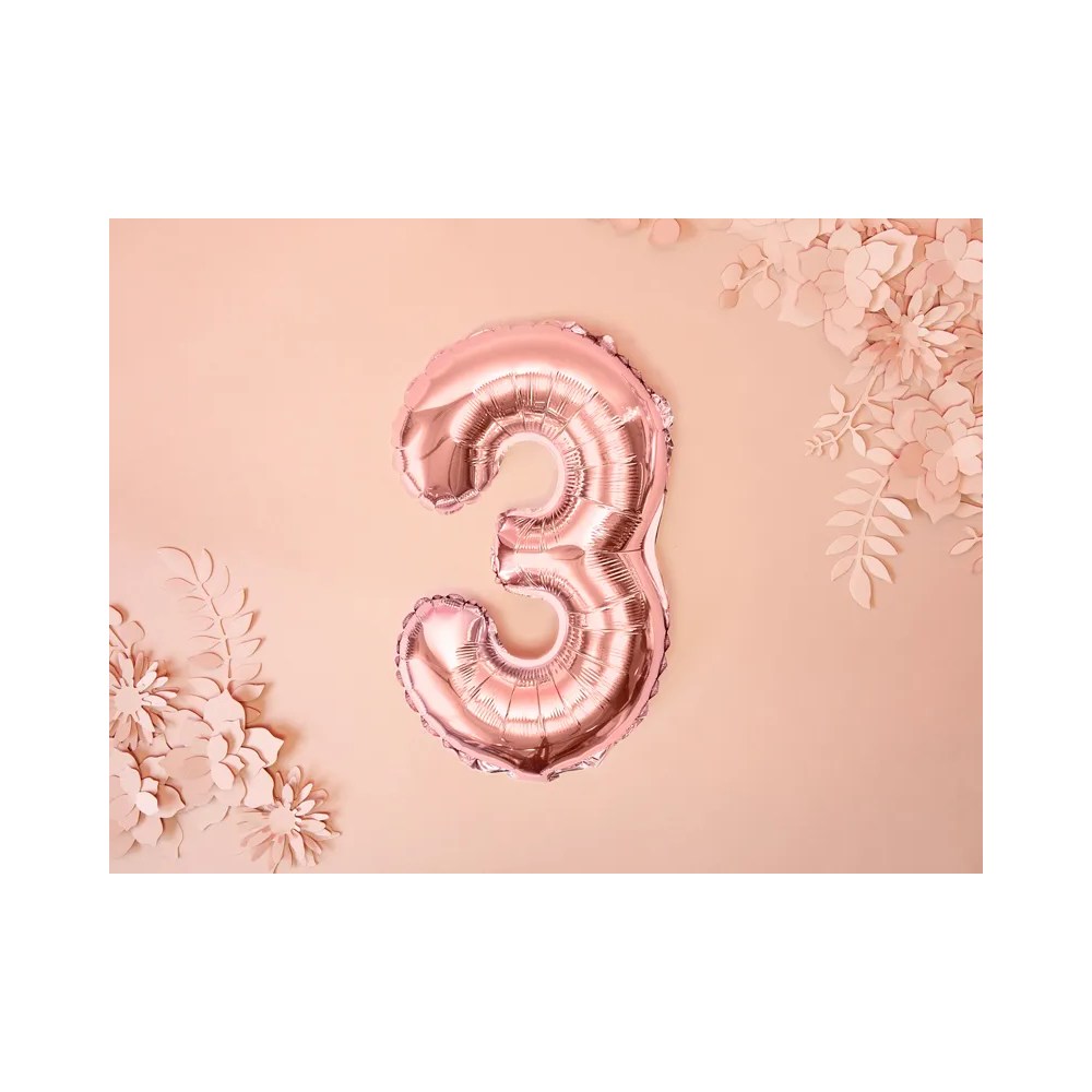 Foil balloon, metallic - PartyDeco - rose gold, number 3, 35 cm