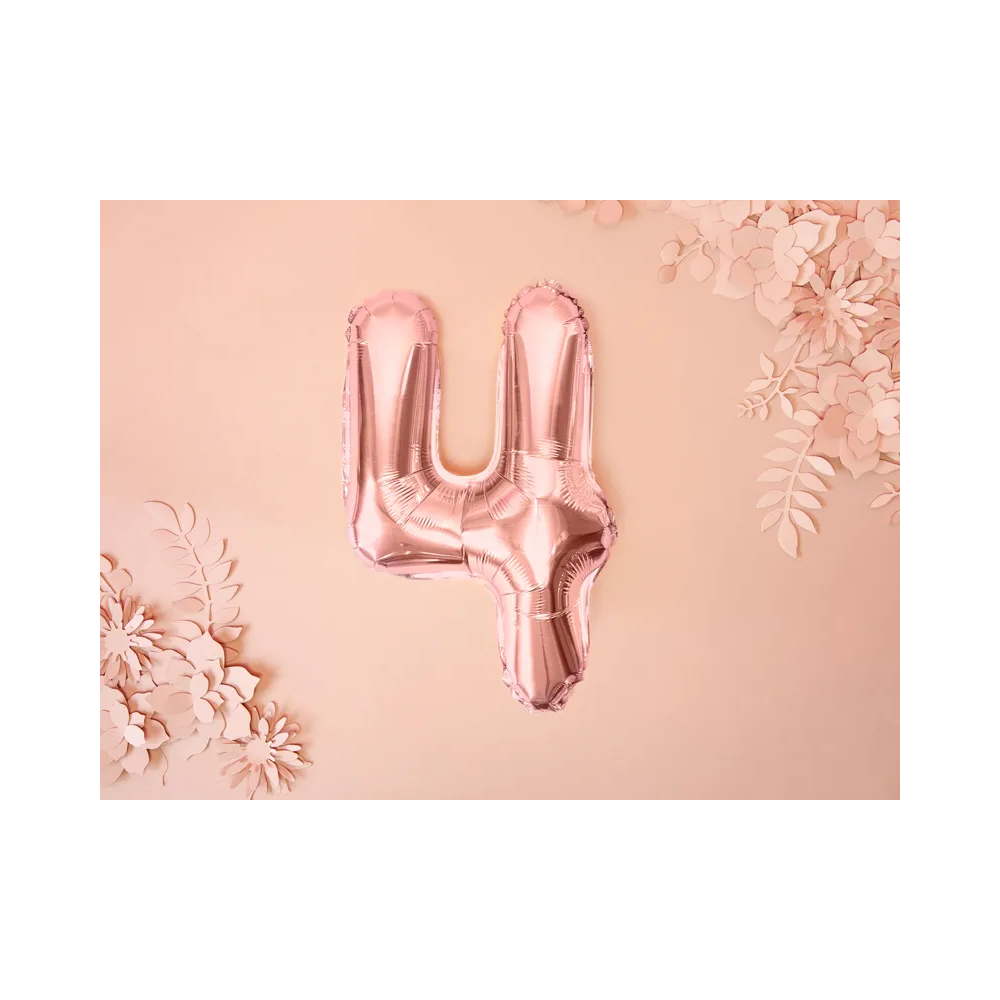 Foil balloon, metallic - PartyDeco - rose gold, number 4, 35 cm