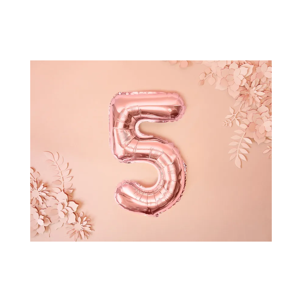 Foil balloon, metallic - PartyDeco - rose gold, number 5, 35 cm