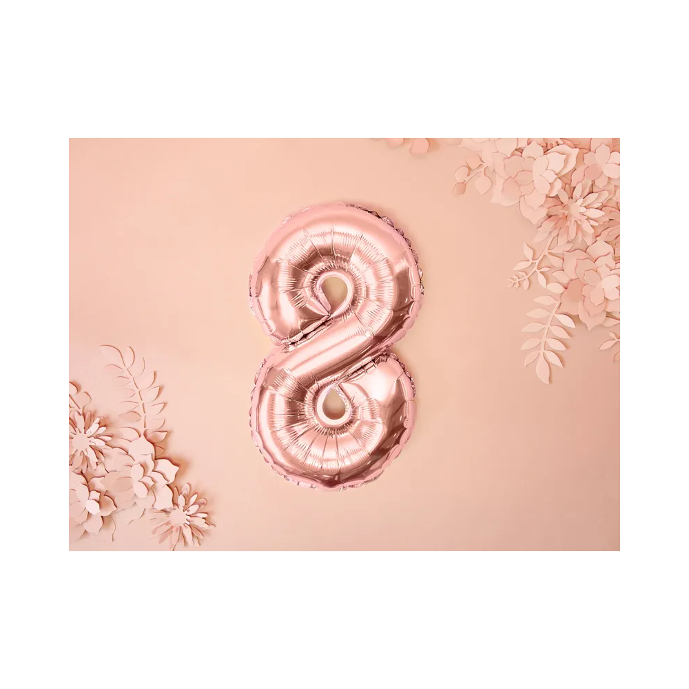 Foil balloon, metallic - PartyDeco - rose gold, number 8, 35 cm
