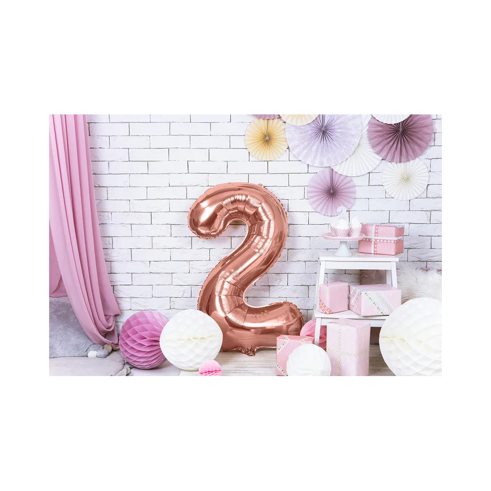 Foil balloon, metallic - PartyDeco - rose gold, number 2, 86 cm