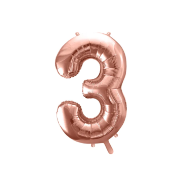 Foil balloon, metallic - PartyDeco - rose gold, number 3, 86 cm