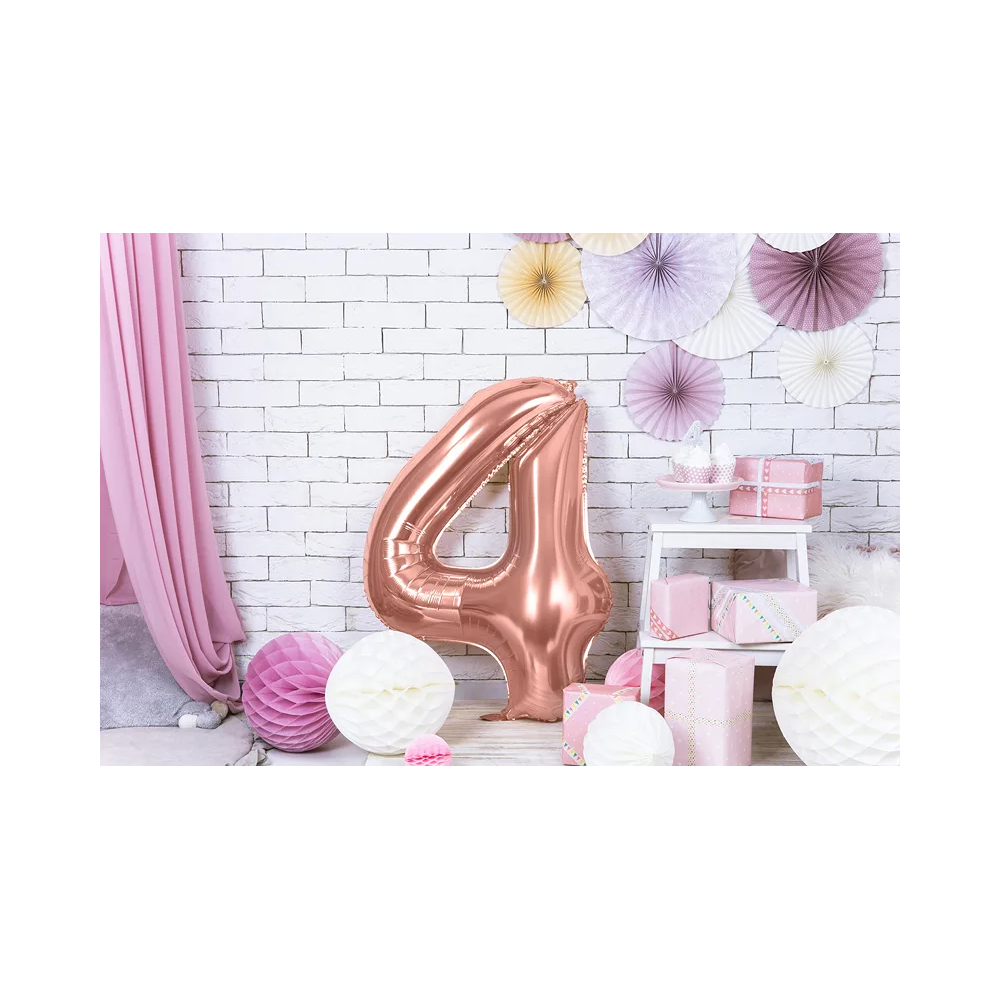 Foil balloon, metallic - PartyDeco - rose gold, number 4, 86 cm