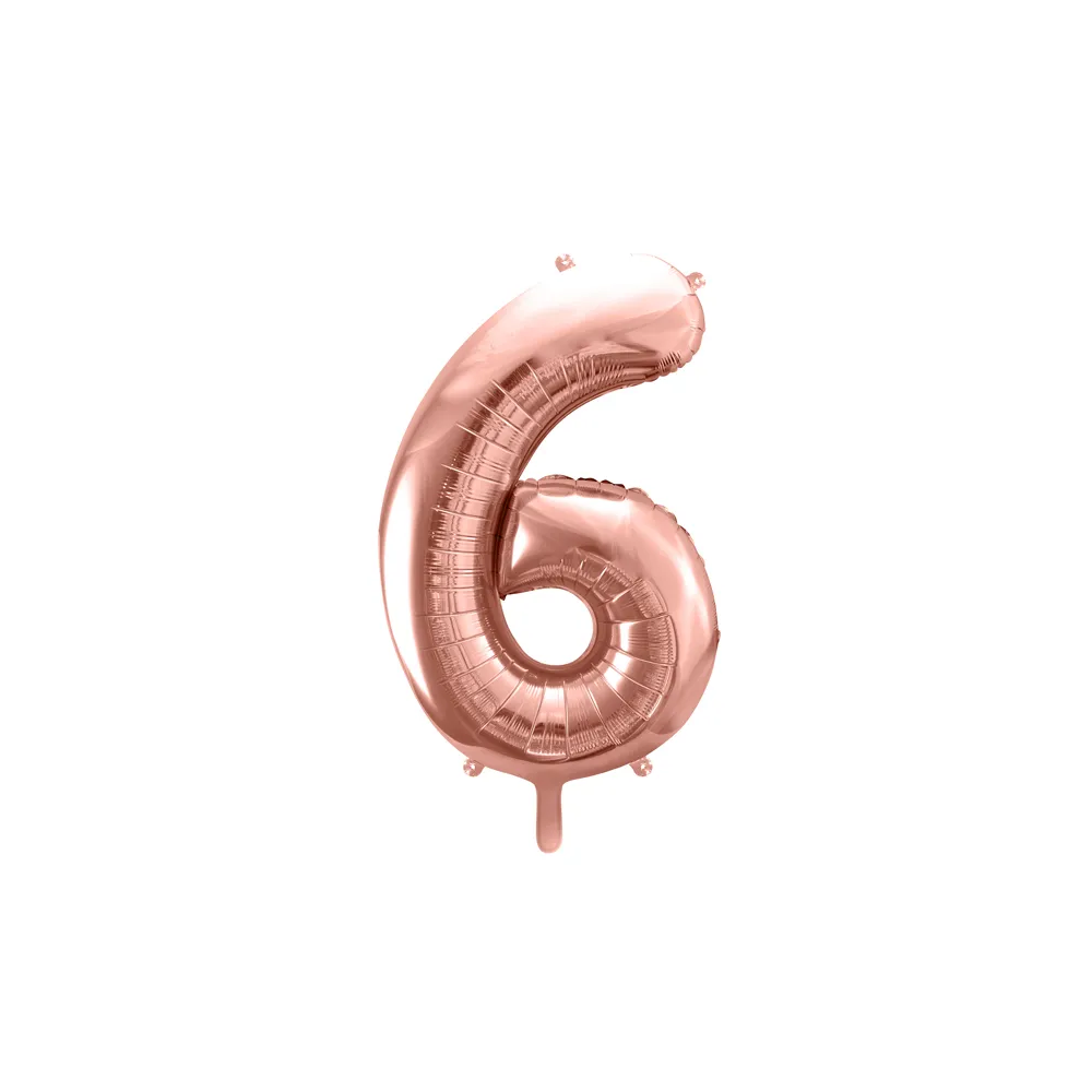 Foil balloon, metallic - PartyDeco - rose gold, number 6, 86 cm
