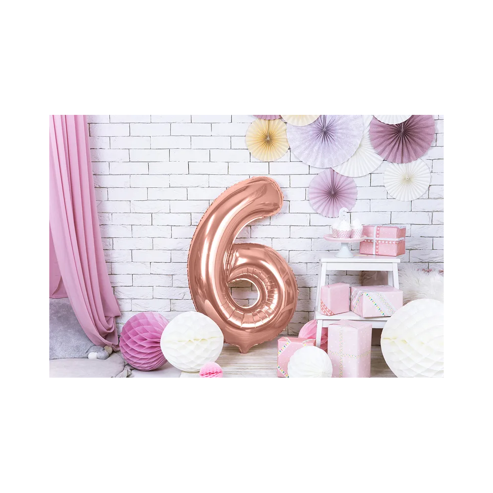 Foil balloon, metallic - PartyDeco - rose gold, number 6, 86 cm