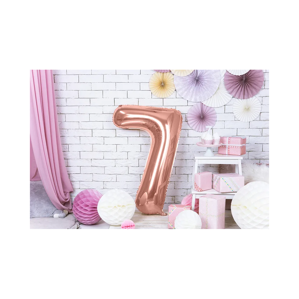 Foil balloon, metallic - PartyDeco - rose gold, number 7, 86 cm