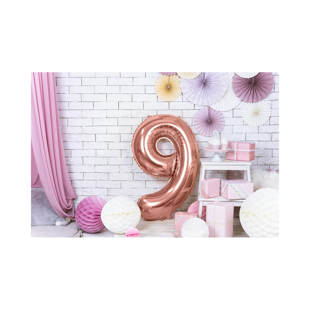 Foil balloon, metallic - PartyDeco - rose gold, number 9, 86 cm