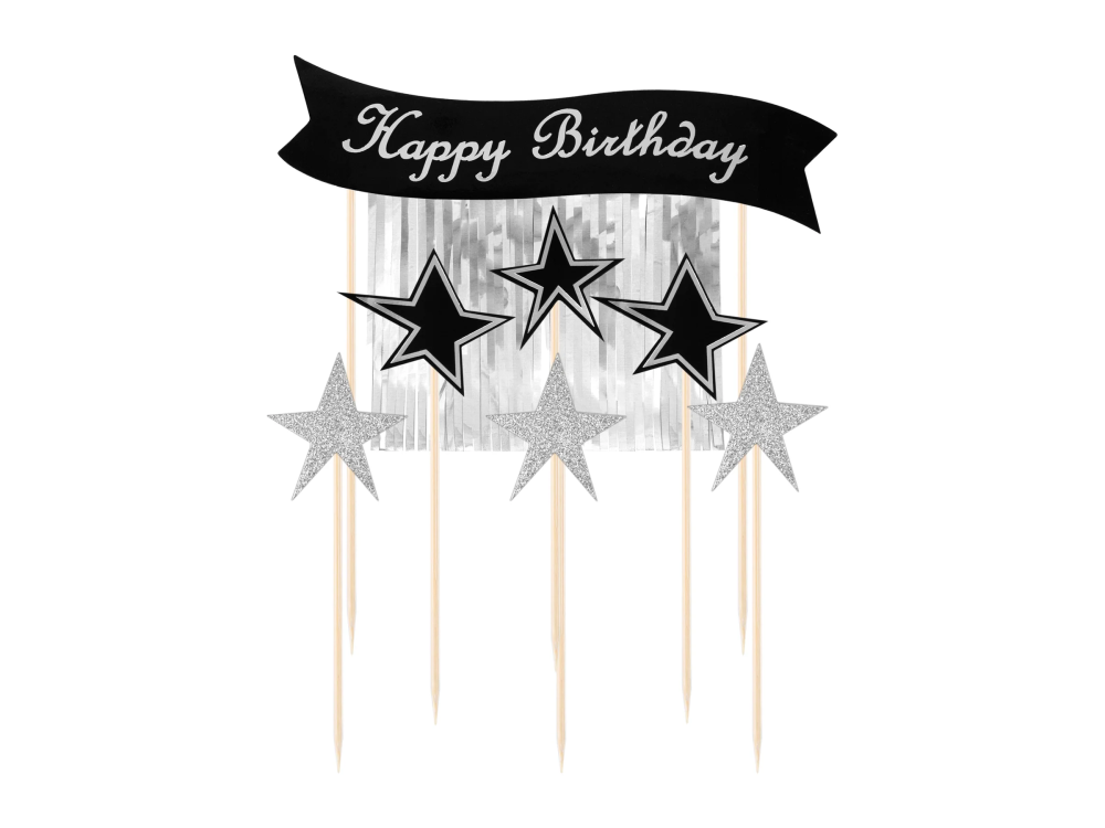 Cake toppers Happy Birthday - silver stars, 7 pcs.