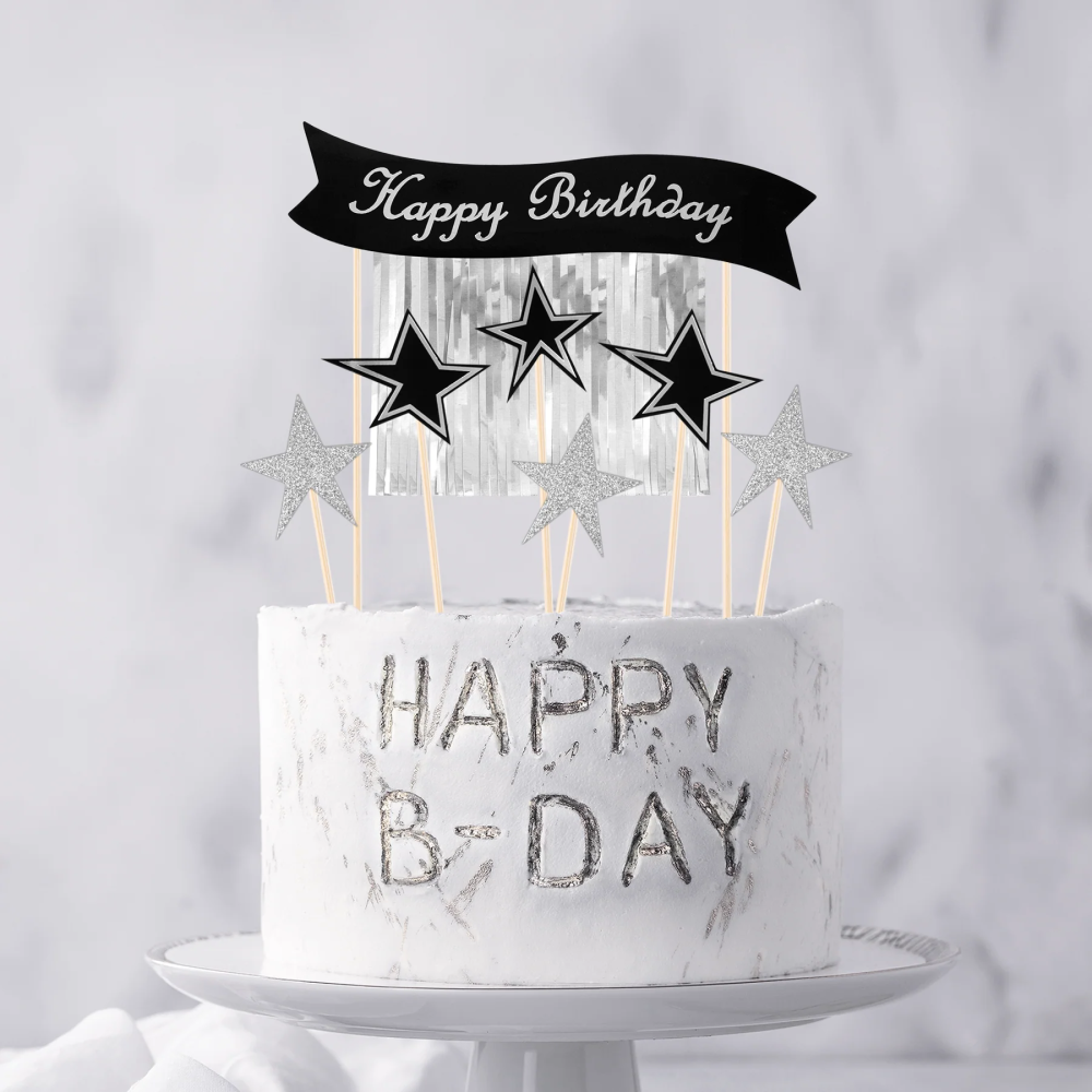 Cake toppers Happy Birthday - silver stars, 7 pcs.