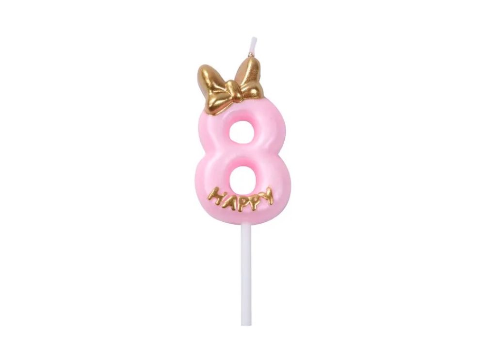 Birthday candle number 8 - pink with a bow