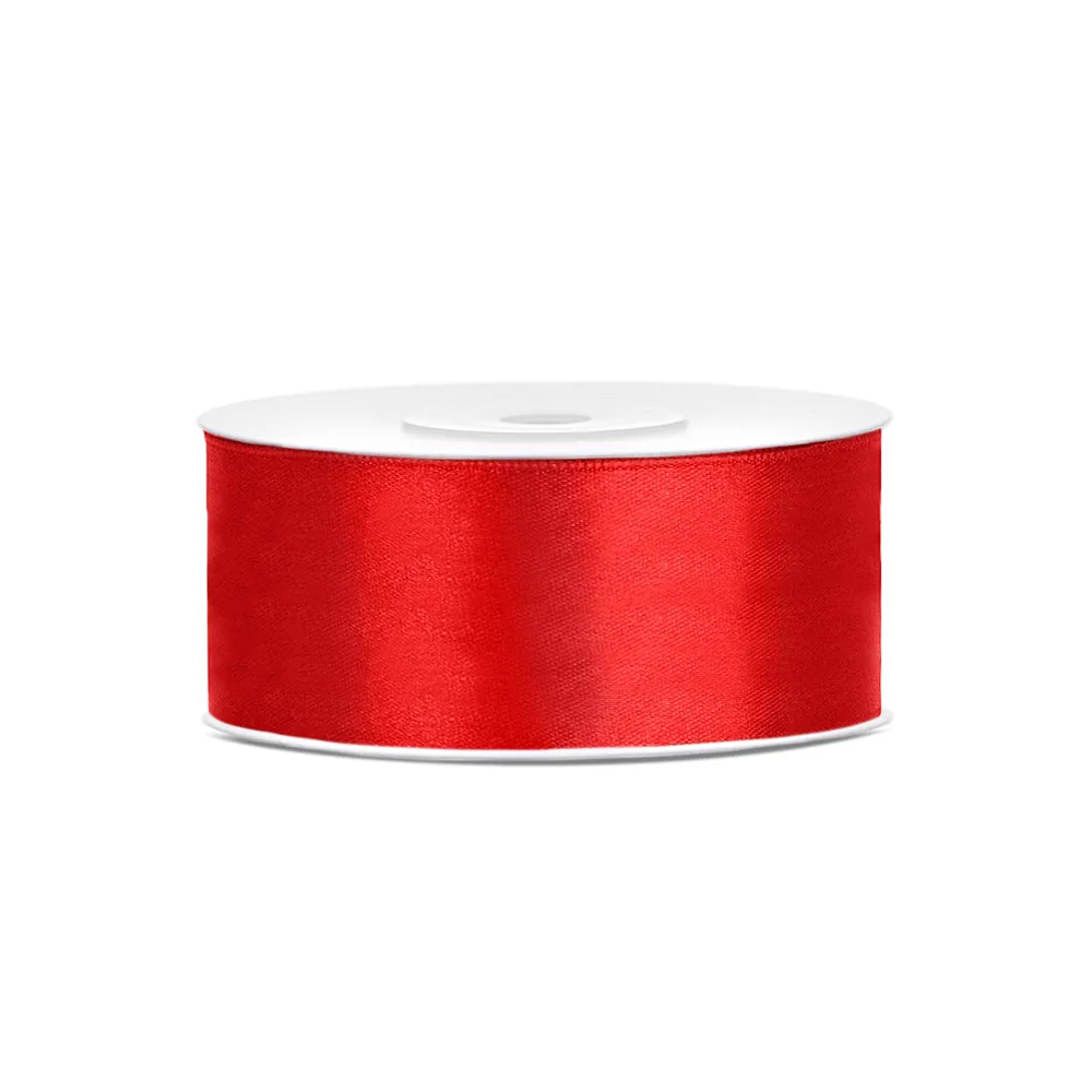 Satin ribbon - PartyDeco - red, 25 mm x 25 m