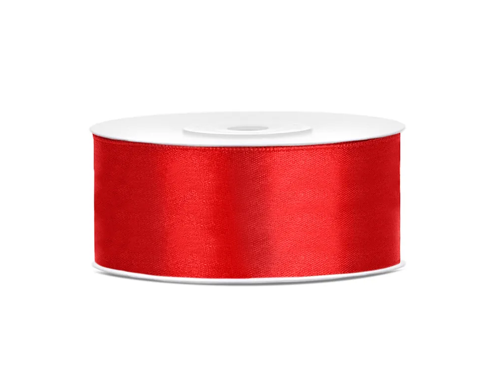 Satin ribbon - PartyDeco - red, 25 mm x 25 m