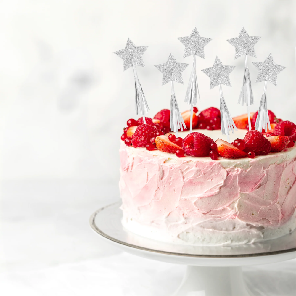 Cake toppers Stars - silver, 6 pcs.