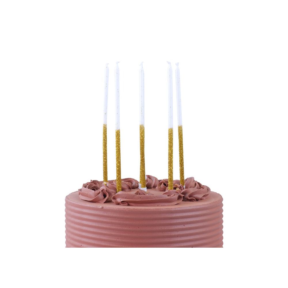 Long birthday candles - PME - white, gold glitter, 16 pcs.