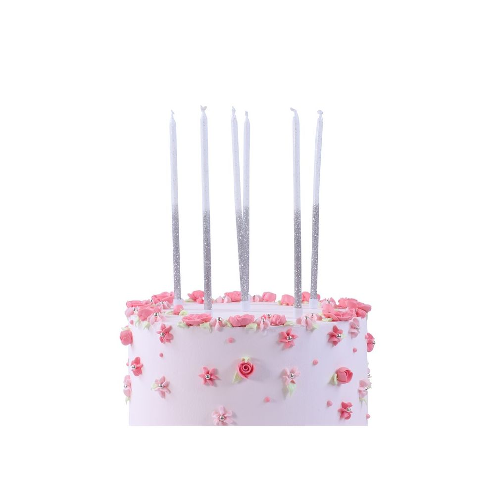 Long birthday candles - PME - white, silver glitter, 16 pcs.