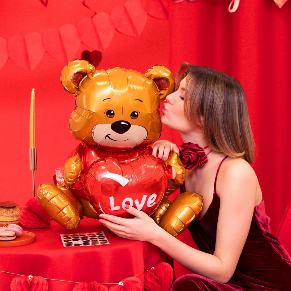 Foil balloon Teddy Bear sitting with a heart - 41 x 50 x 31 cm
