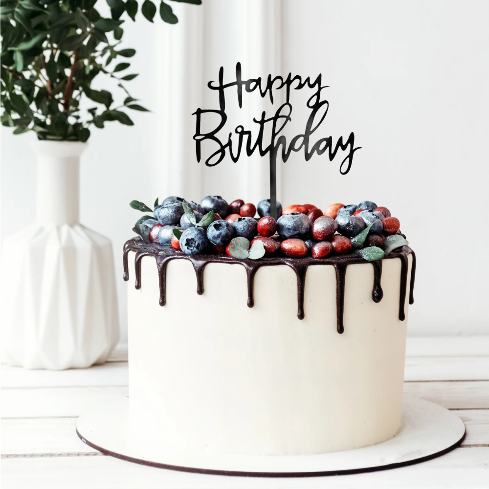 Topper akrylowy na tort Happy Birthday czarny