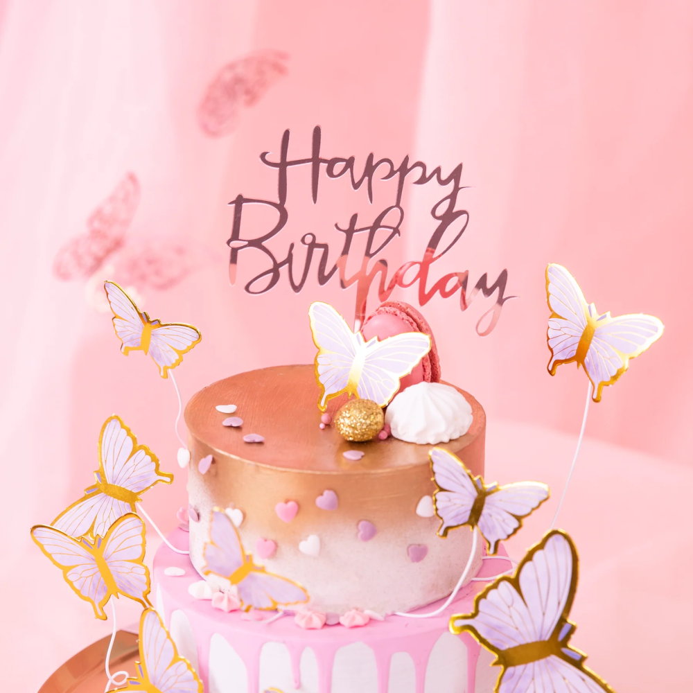 Topper akrylowy na tort Happy Birthday różowy