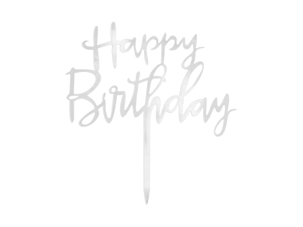 Topper akrylowy na tort Happy Birthday srebrny