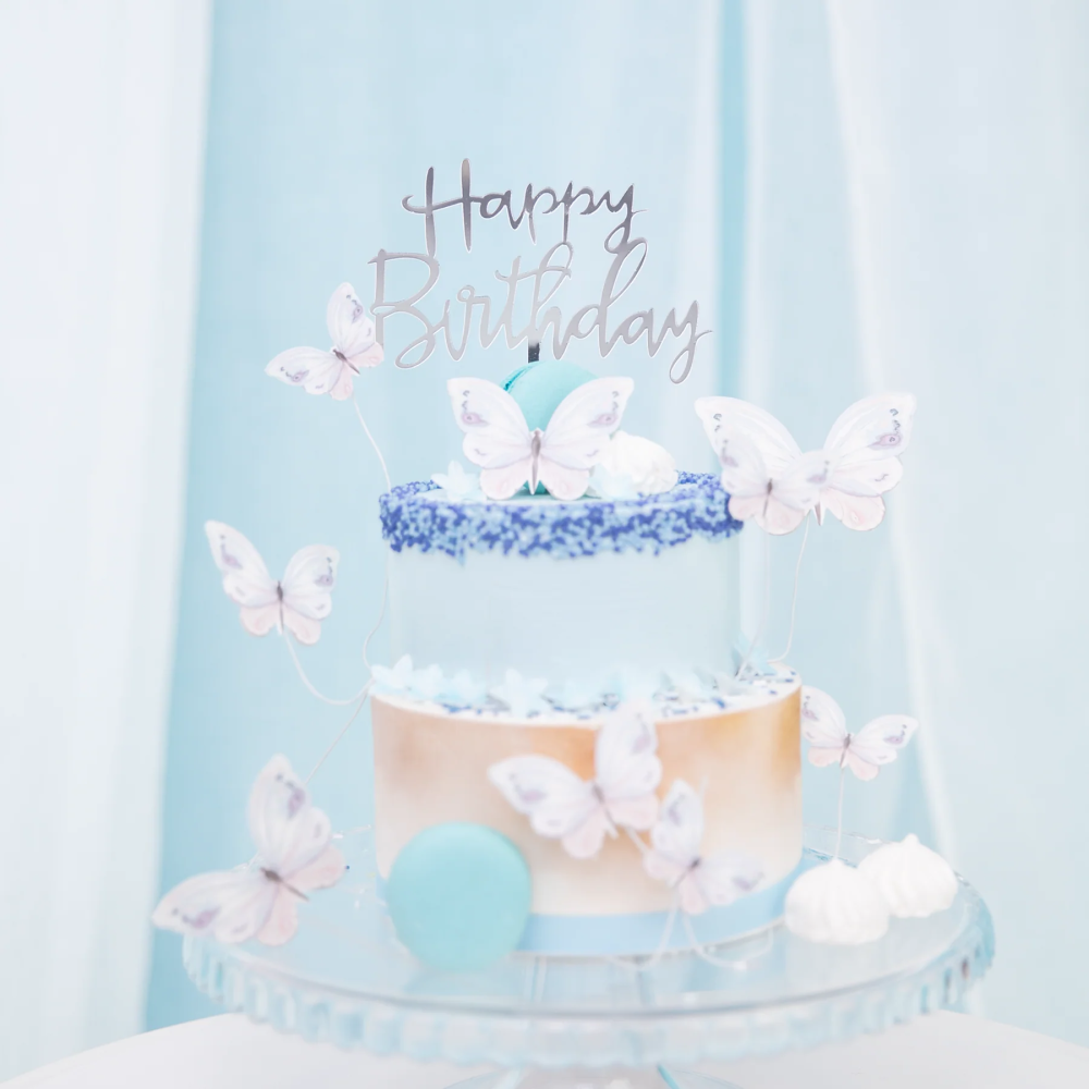 Topper akrylowy na tort Happy Birthday srebrny