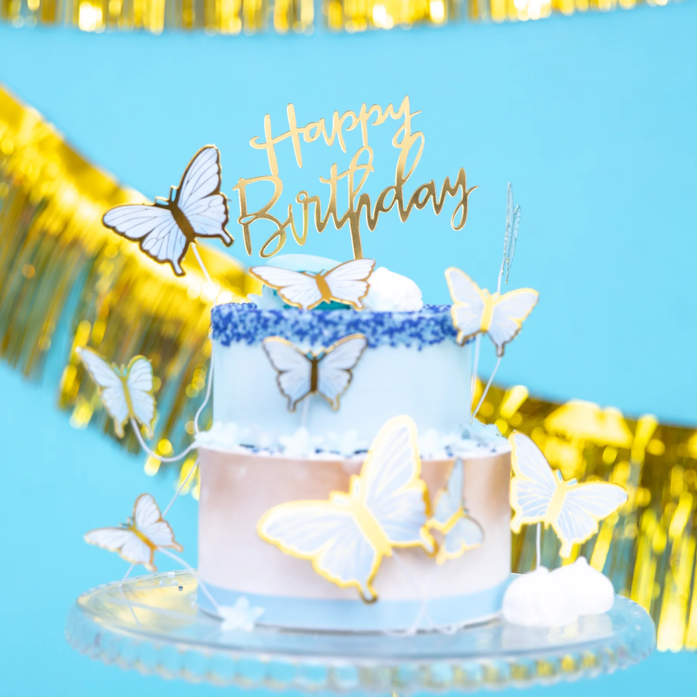 Topper akrylowy na tort Happy Birthday złoty