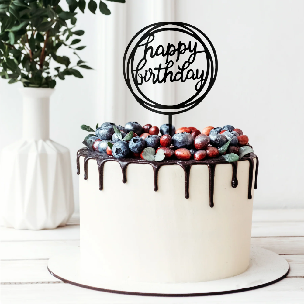 Topper akrylowy na tort Happy Birthday kółko czarny