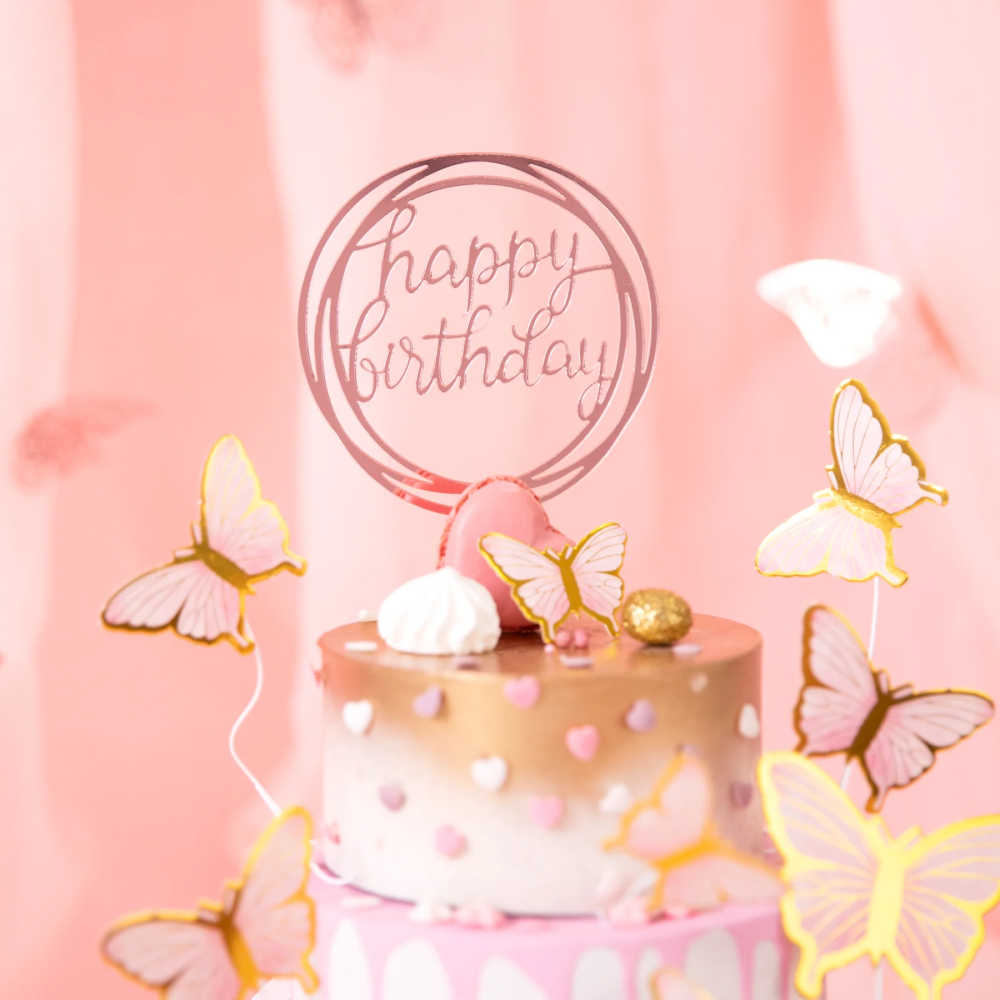 Topper akrylowy na tort Happy Birthday kółko różowy