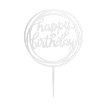 Topper akrylowy na tort Happy Birthday kółko srebrny