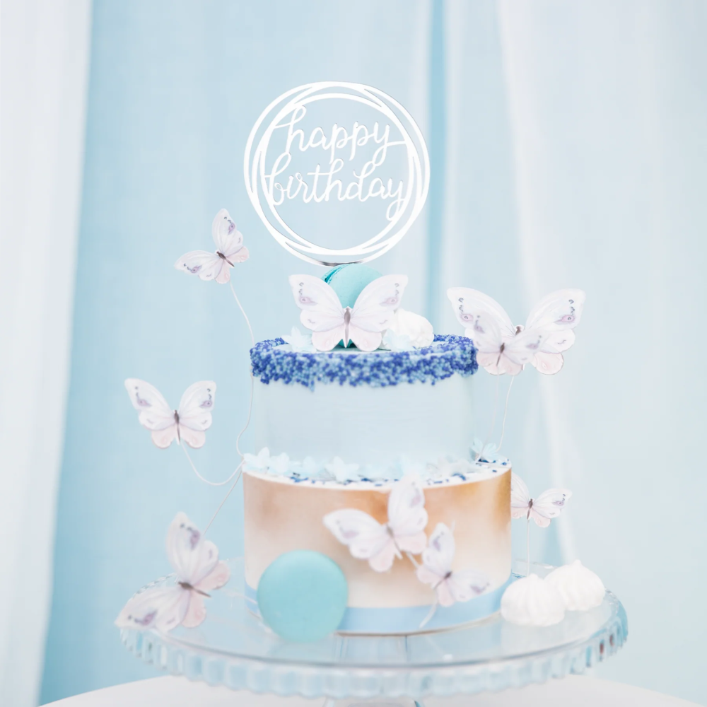 Topper akrylowy na tort Happy Birthday kółko srebrny
