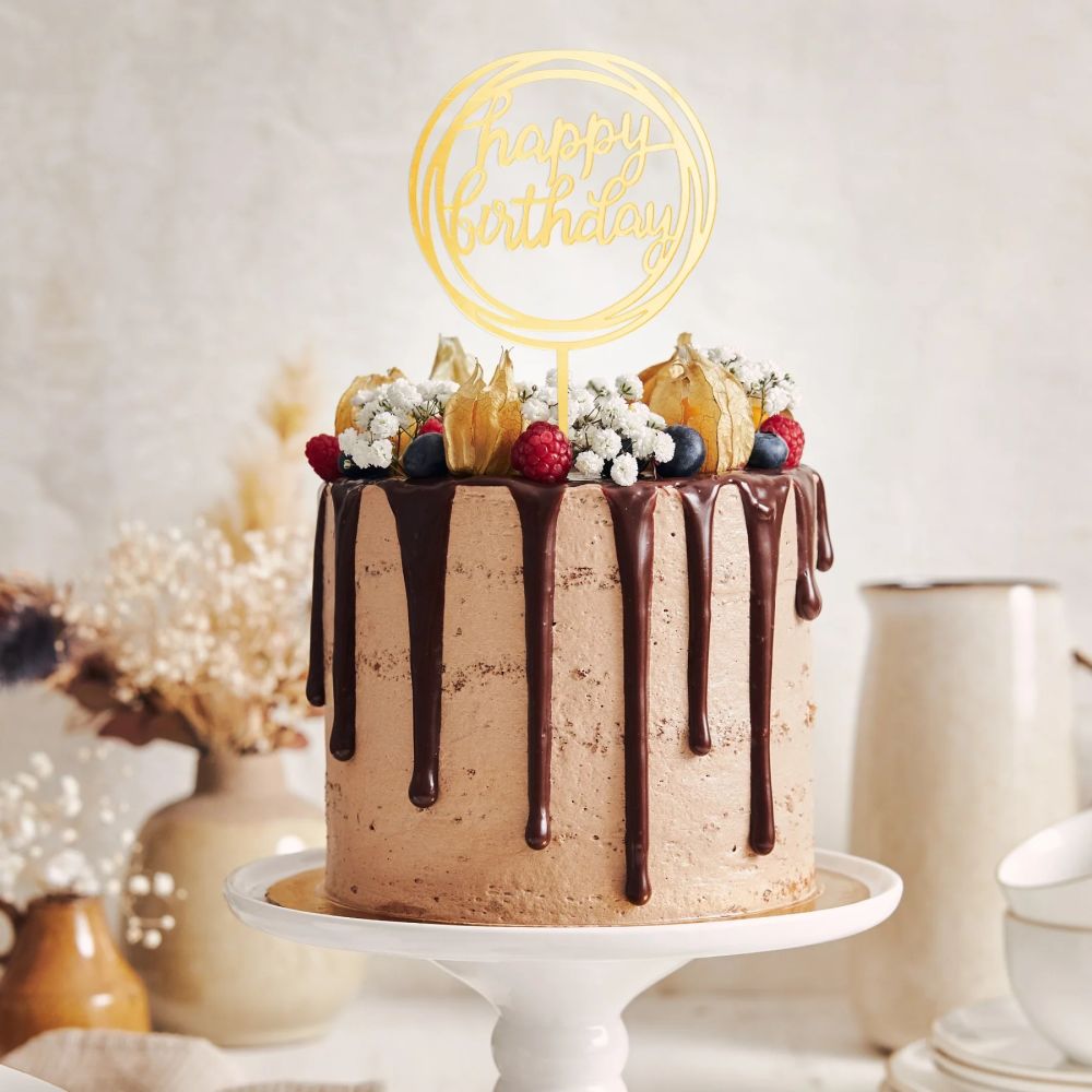 Topper akrylowy na tort Happy Birthday kółko złoty
