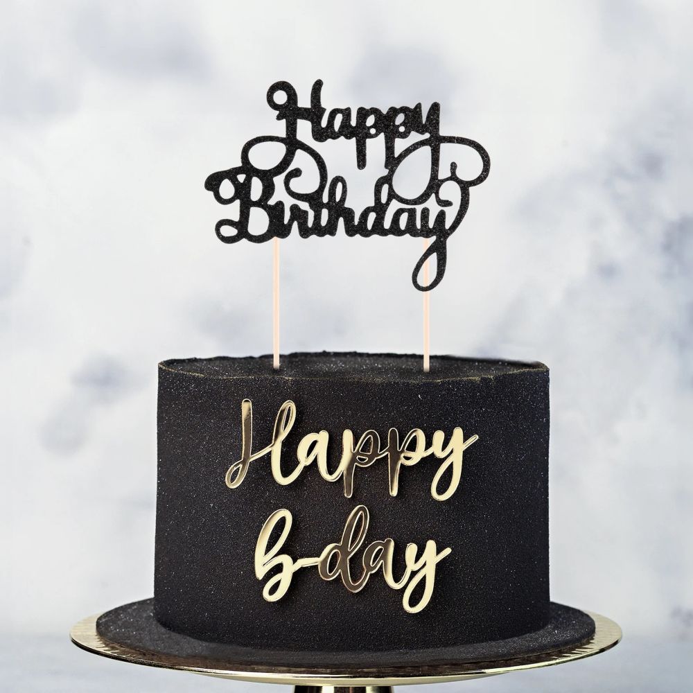Cake topper Happy Birthday glittered black