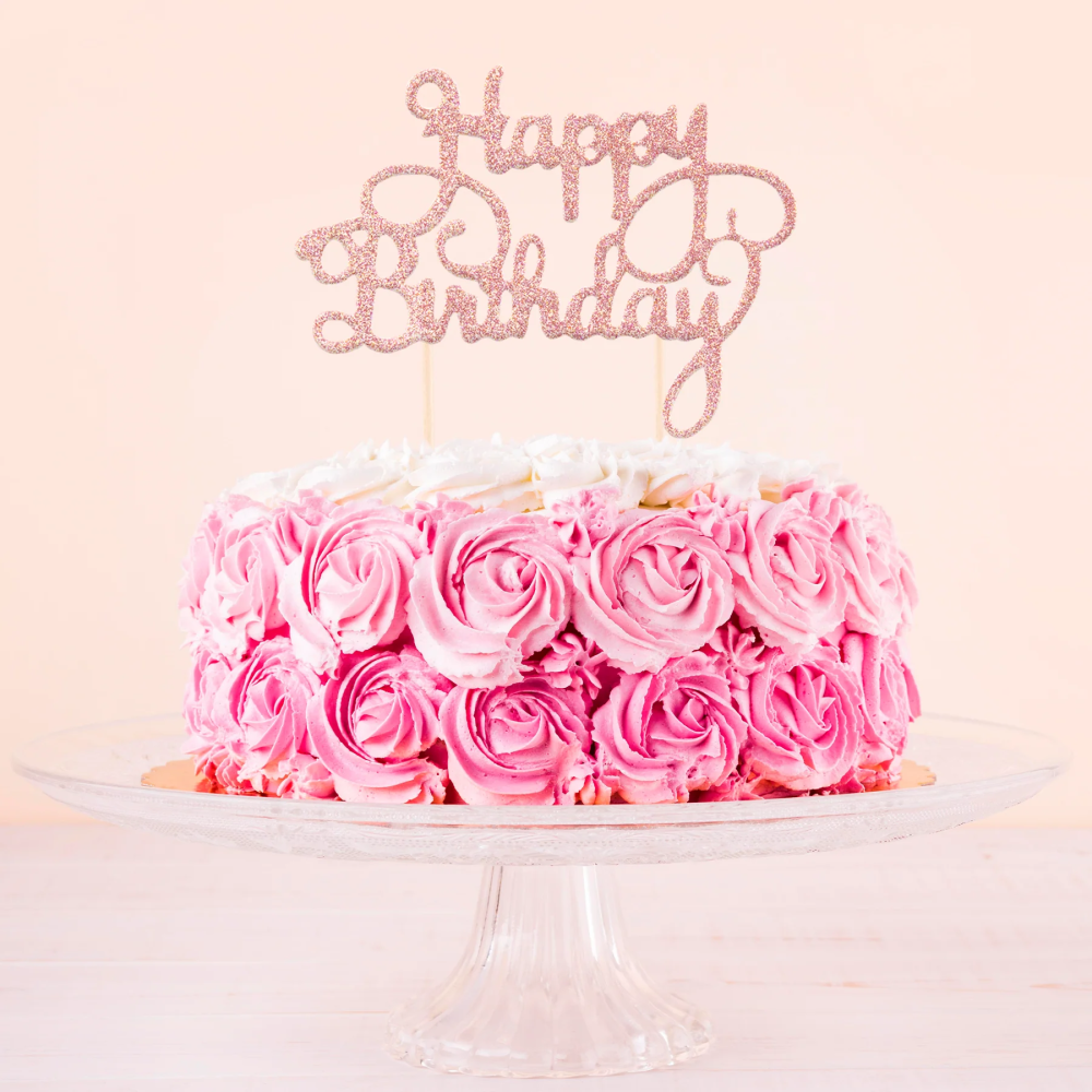 Topper na tort Happy Birthday brokatowy różowy