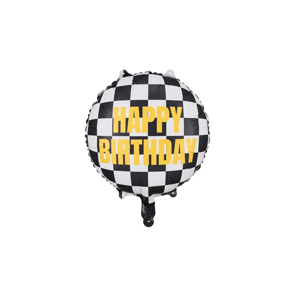 Balon foliowy okrągły szachownica Happy Birthday - PartyDeco - 35 cm
