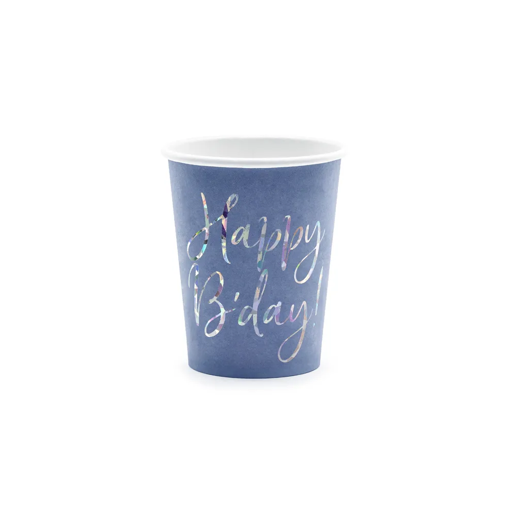 Paper cups Happy B'day - PartyDeco - navy blue, 220 ml, 6 pcs.