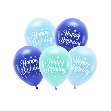 Balony lateksowe Eco Happy Birthday - PartyDeco - niebieskie, 26 cm, 5 szt.