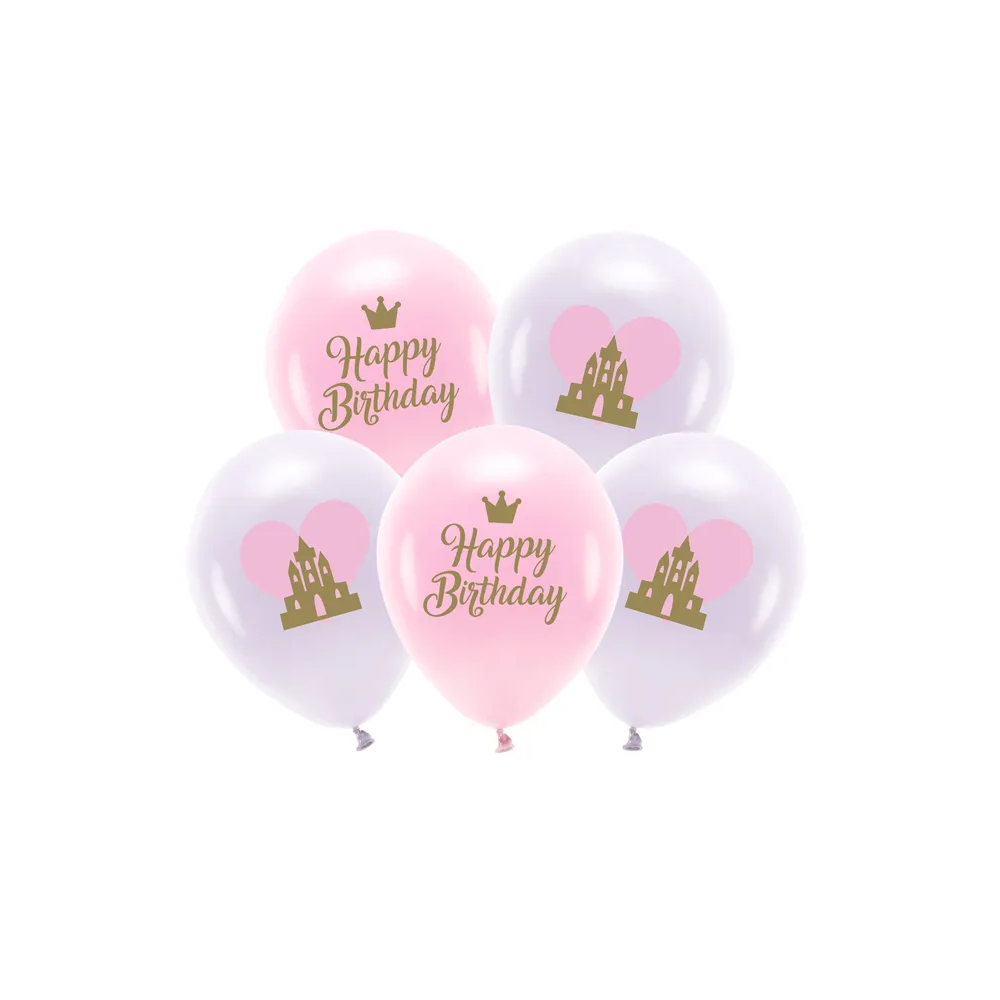 Balony lateksowe Eco Happy Birthday - PartyDeco - różowe, 33 cm, 5 szt.