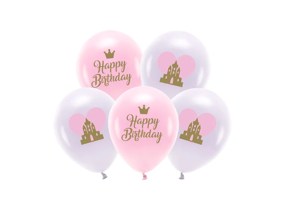 Balony lateksowe Eco Happy Birthday - PartyDeco - różowe, 33 cm, 5 szt.