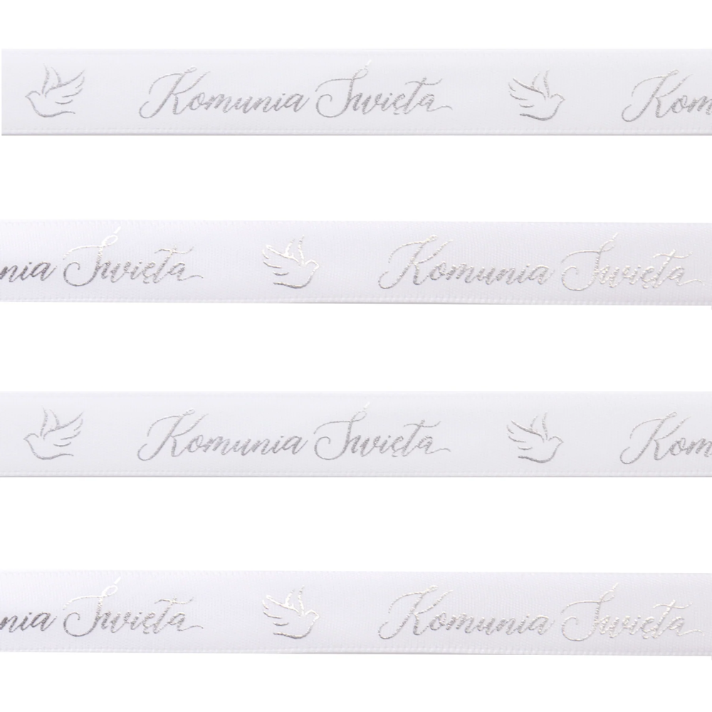 Holy Communion satin ribbon - white and silver, 15 mm x 20 m