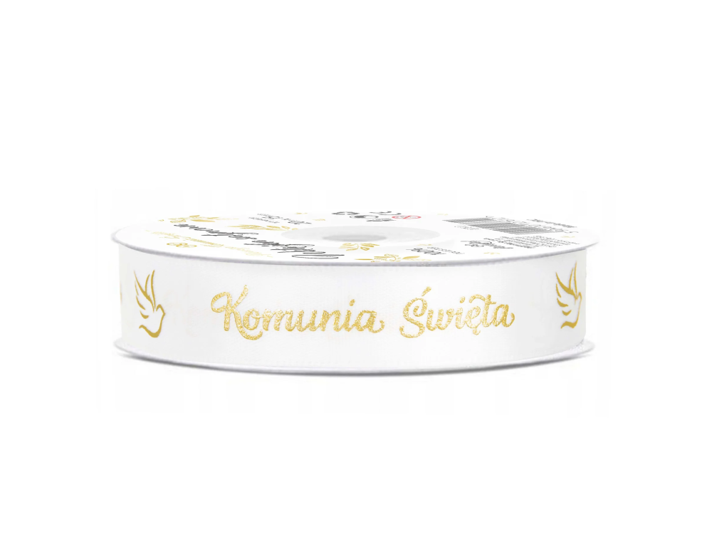 Holy Communion satin ribbon - white and gold, 15 mm x 20 m