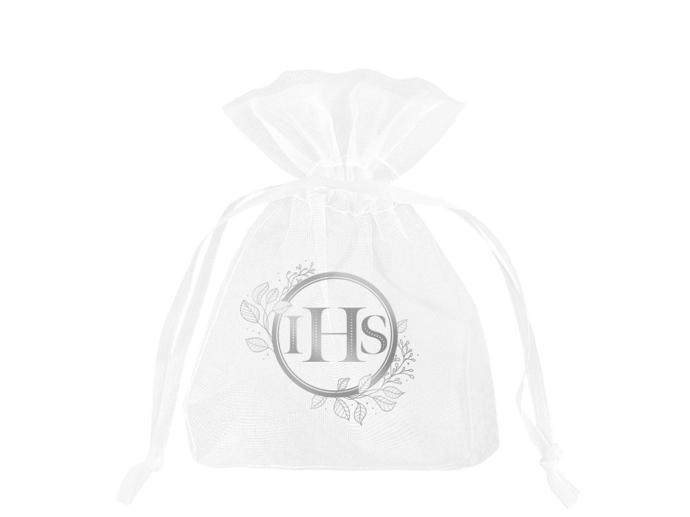 Communion organza bags IHS - white and silver, 10 pcs.