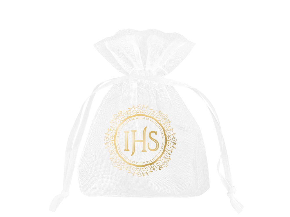 Communion organza bags IHS - white and gold, 10 pcs.