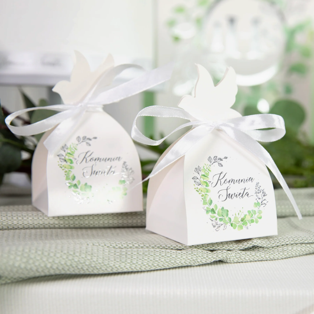 Holy Communion gift boxes - white and silver, twig, 6 pcs.