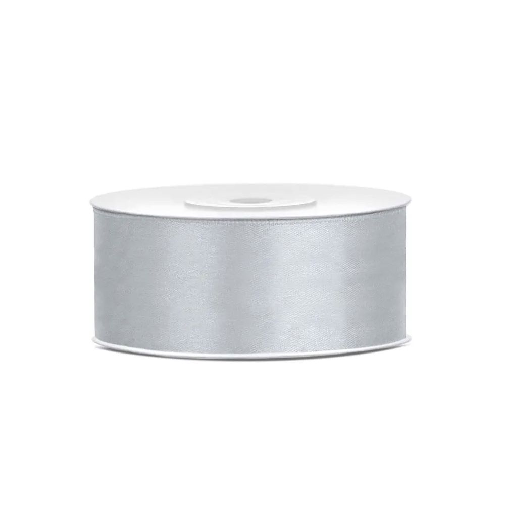 Satin ribbon - PartyDeco - silver, 25 mm x 25 m
