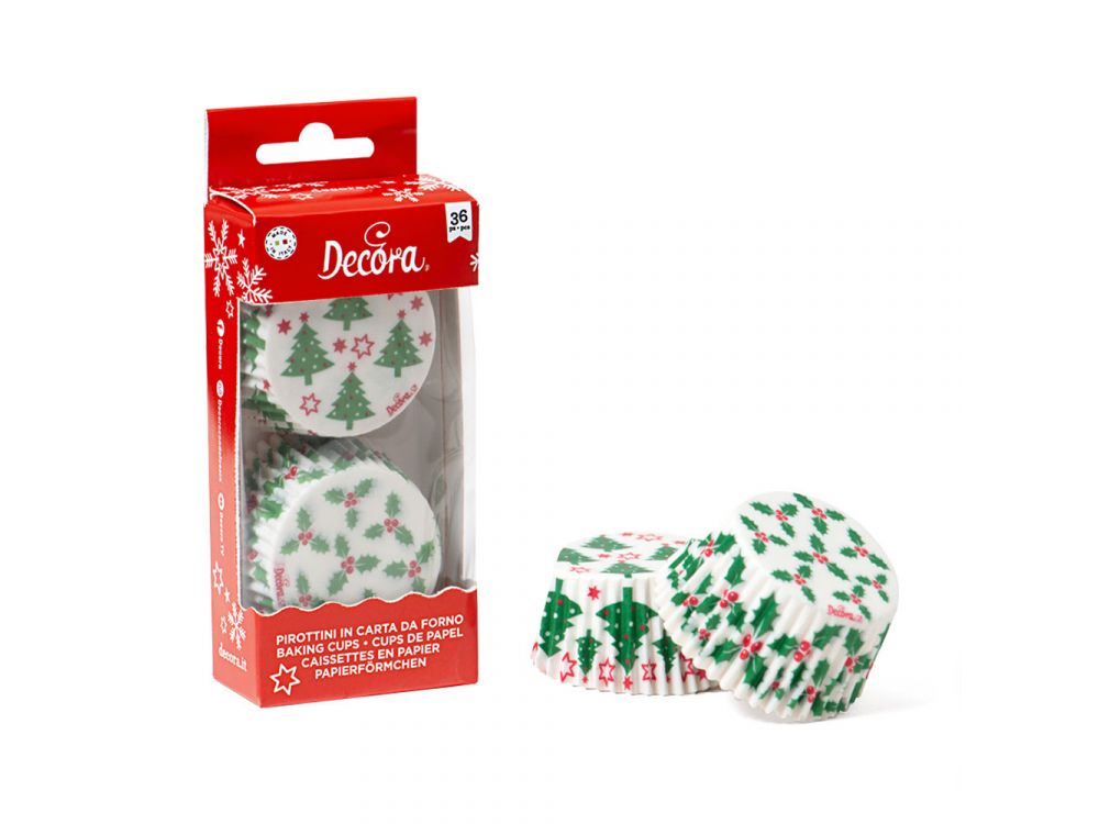 Muffin cases - Decora - holly and christmas trees, 50 x 32 mm, 36 pcs.