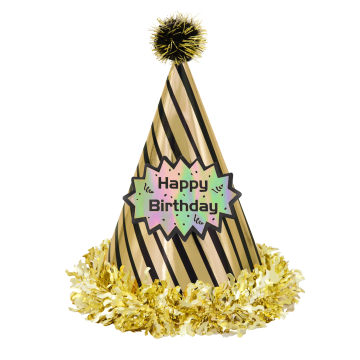 Czapeczka papierowa Happy Birthday - paski, złoto-czarna