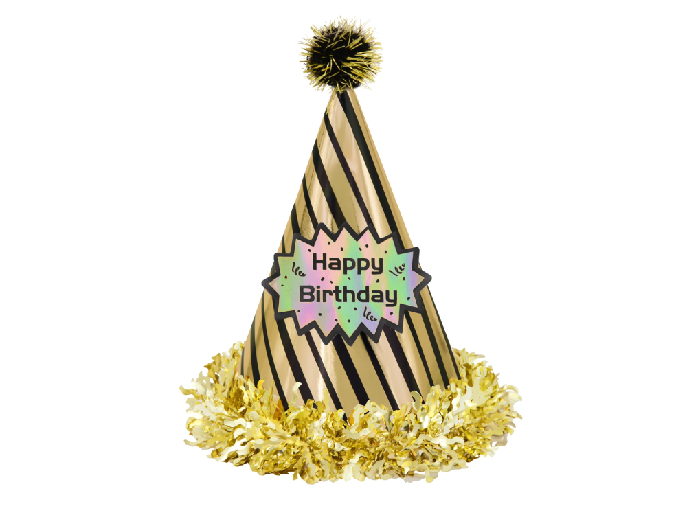 Paper hat Happy Birthday - stripes gold and black